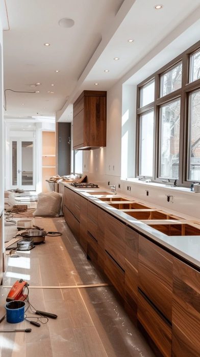 a kitchen with wood cabinets and a few windows