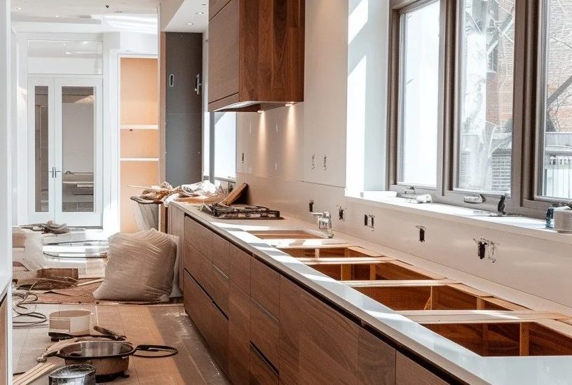 a kitchen with wood cabinets and a few windows