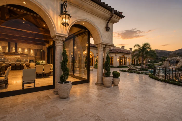 Luxury home courtyard illuminated at sunset